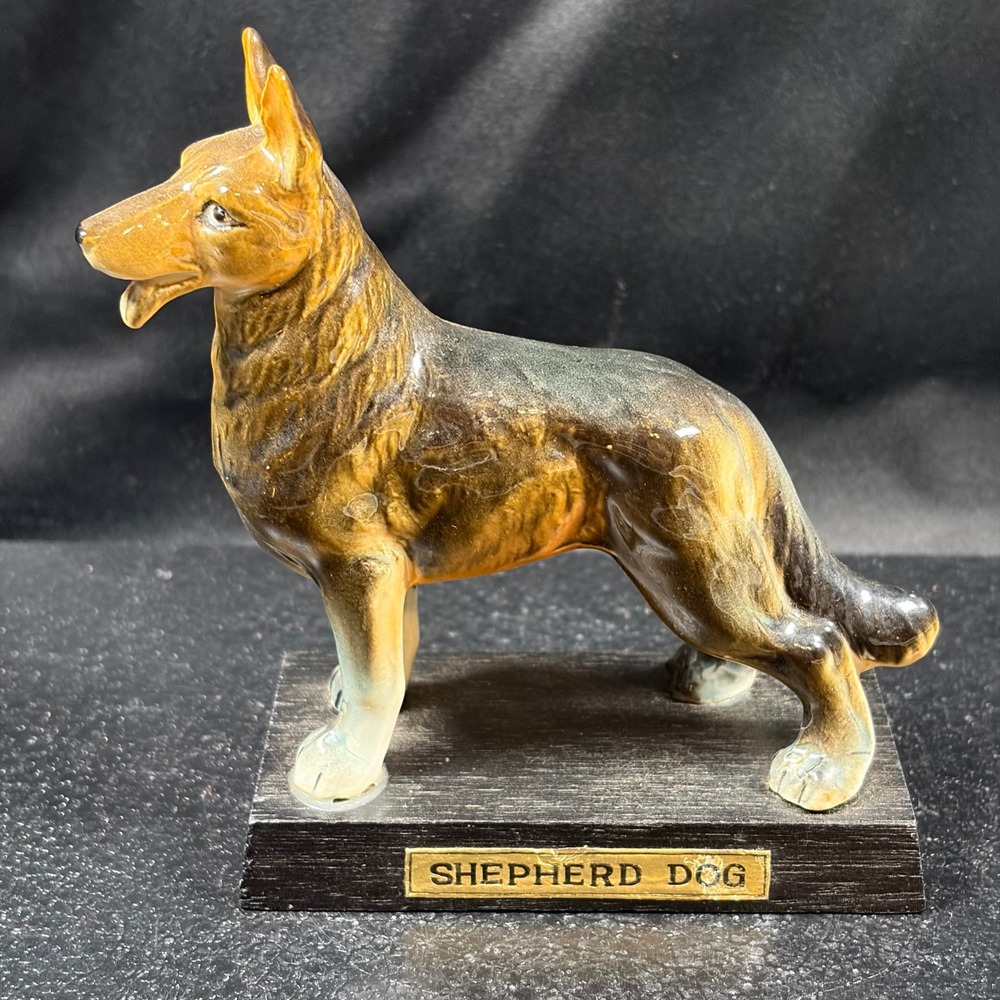 Vintage German Shepherd Dog Figurine Ceramic on Wood Base Mid Century Decor